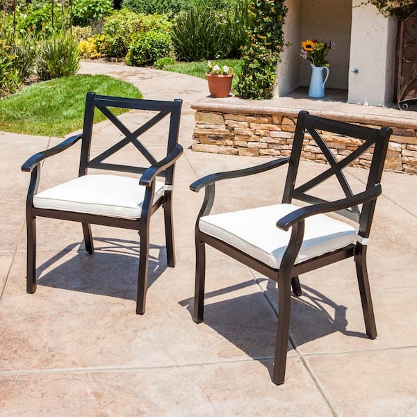 2-Piece Cast Aluminum Outdoor Dining Chairs with Ivory Waterproof Cushions