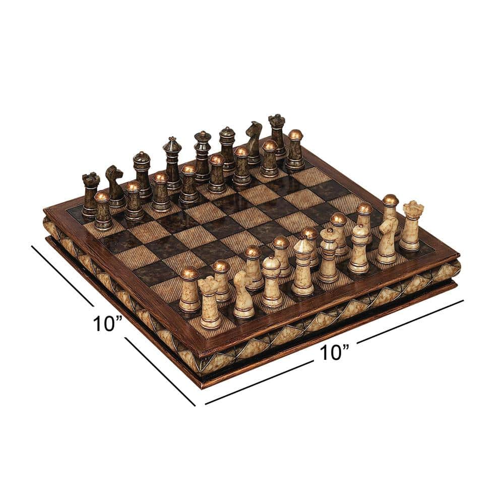 Brown Polystone and Brass Chess Set with Mahogany Finish