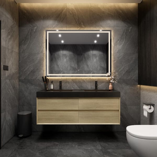 BV Better Vanity MIA 59 in. W. x 20 in. D x 24 in. H Double Sink Floating Bath Vanity in Teak Oak with Black Stainless-Steel Top