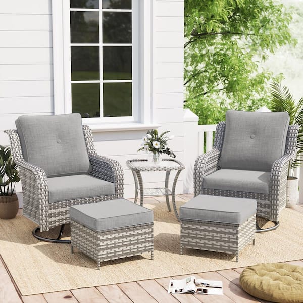 Light Gray (PE) Rattan 5-Piece Outdoor Conversation Set With Gray Cushions-2 Swivel Sofas, 2 Ottomans, 1 Table.