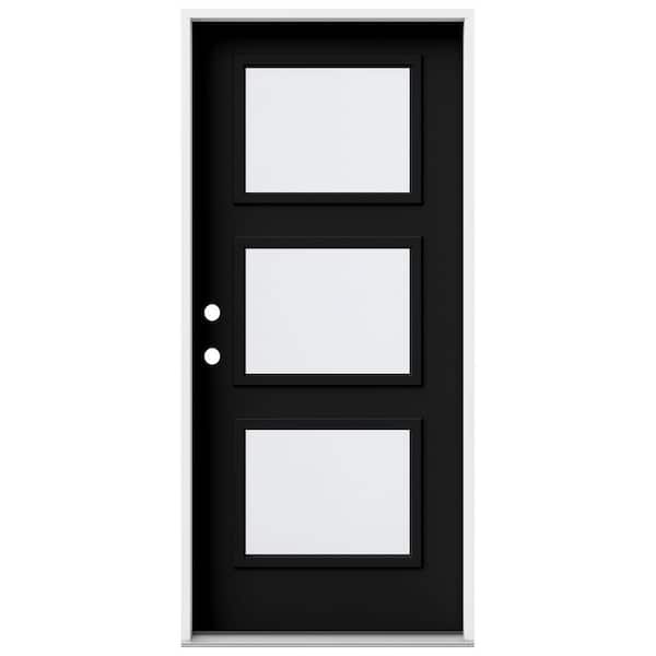 JELD-WEN 36 in. x 80 in. Right-Hand/Inswing 3 Lite Equal Clear Glass Black Steel Prehung Front Door