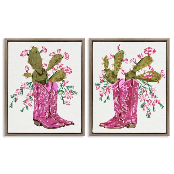 Stupell Industries Cactus in Pink Cowgirl Boots by Melissa Wang 2 Pieces Brown Floater Frame Nature Graphic Art Print 21 in. x 17 in.
