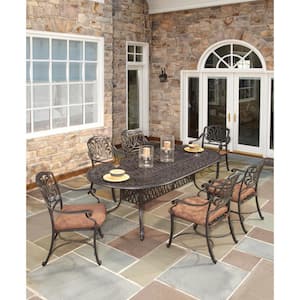Capri Charcoal Gray 7-Piece Cast Aluminum Oval Outdoor Dining Set with with Burnt Sierra Orange Cushions