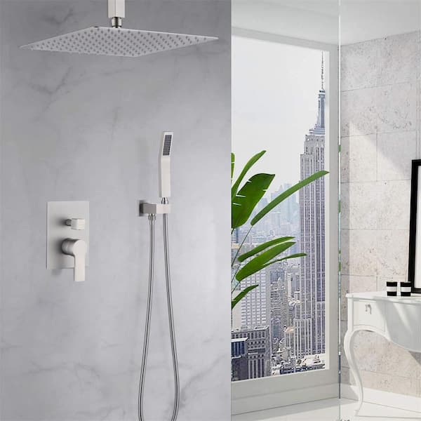 12 in. Brushed Nickel Dual 2 Flow Rate Stainless Steel Bathroom Rain Shower Combo Set with Hand Shower, Brushed Nickel