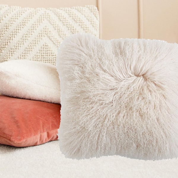 Storied Home Cream Mongolian Lamb Fur Pillow DA9512 The Home Depot