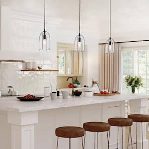 Modern Black Kitchen Island Hanging Light, 1-Light Industrial Cage Dining Room Pendant Light with Seeded Glass Shade