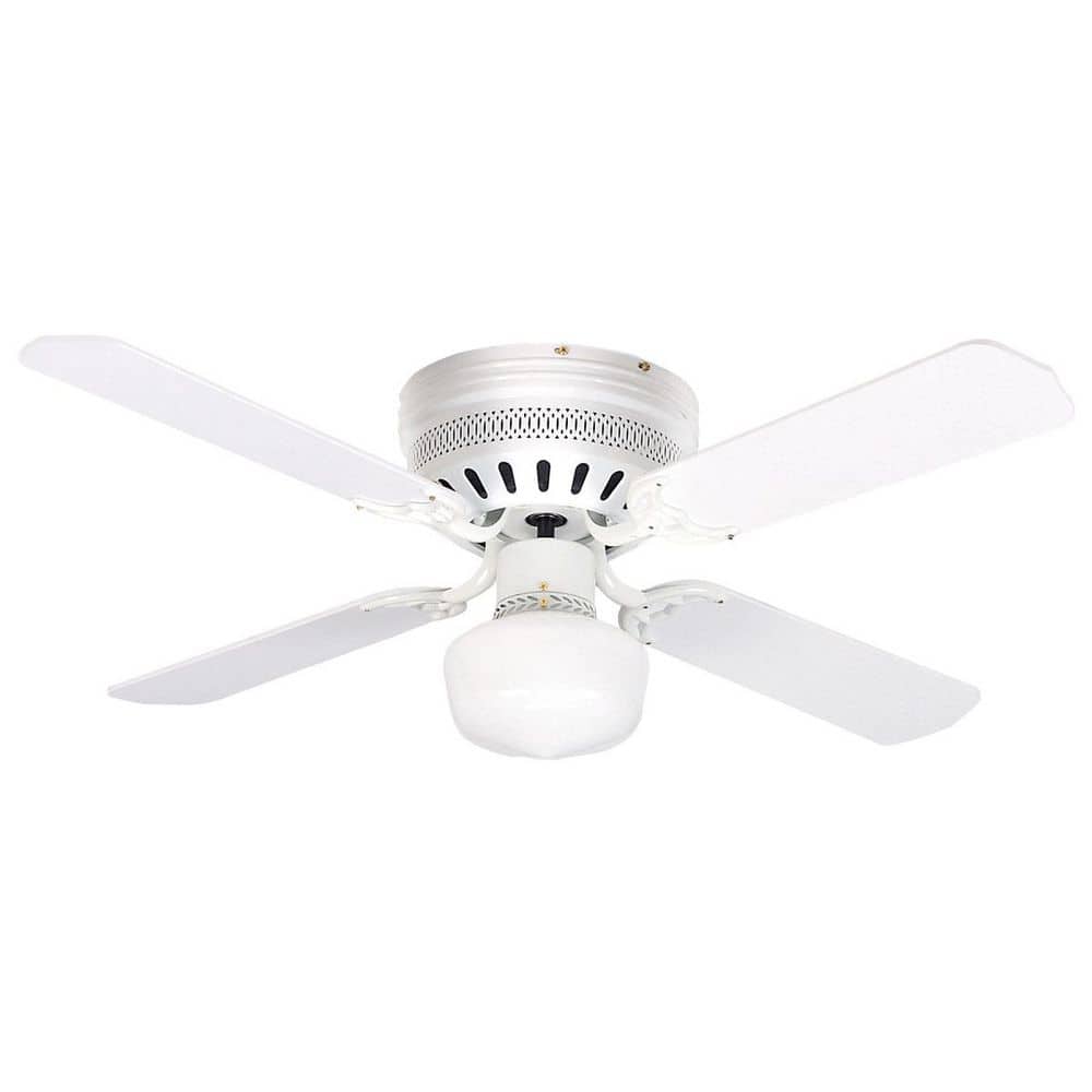 Close Up 42 in. Indoor White Finish Flushmount Standard Ceiling Fan with Single White Frost Globe and LED Bulbs Included