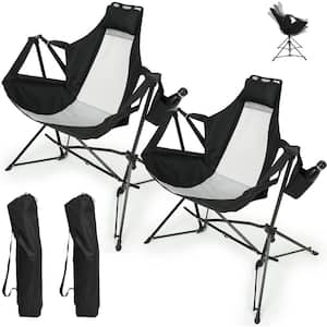 Oversized Folding Portable Swinging Hammock Black Chairs for Adults with Stand and Storage Bag Set of 2