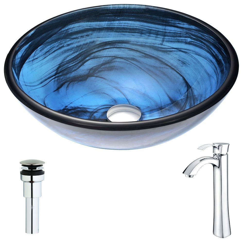 ANZZI Soave Series Deco-Glass Vessel Sink in Sapphire Wisp with Harmony  Faucet in Chrome LSAZ048-095