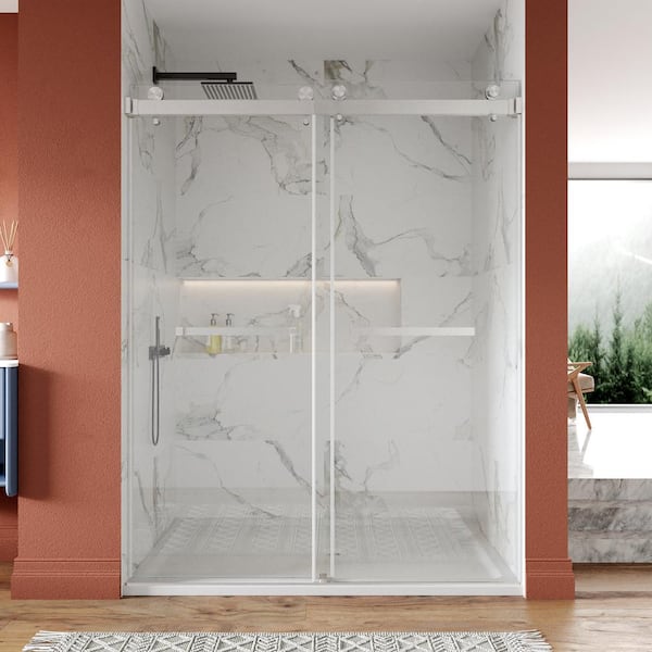 DEERVALLEY 60 in. W x 76 in. H Double Sliding Frameless Shower Door in Brushed Nickel with Smooth Sliding and 3/8 in. (10 mm) Glass