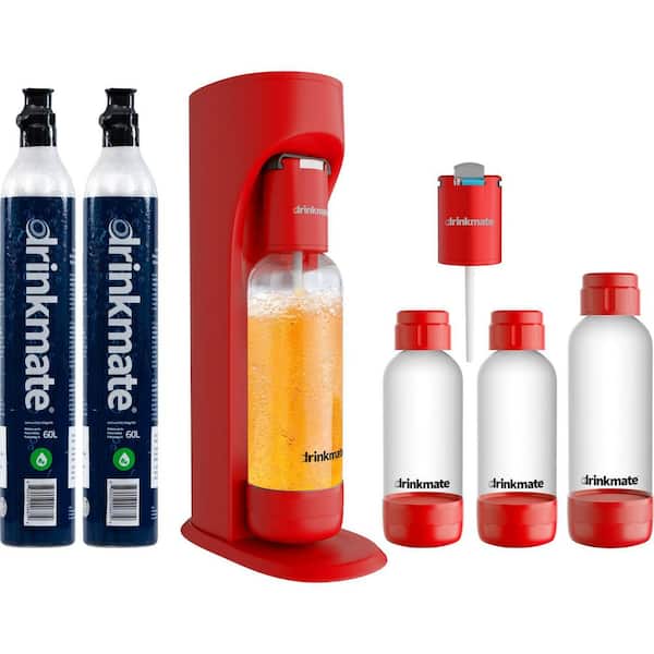 DrinkMate Royal Red Sparkling Water and Soda Maker Party Pack with 2 60L CO2 Cartridges, Extra Fizz Infuser, 1L and 2 0.5L Bottles