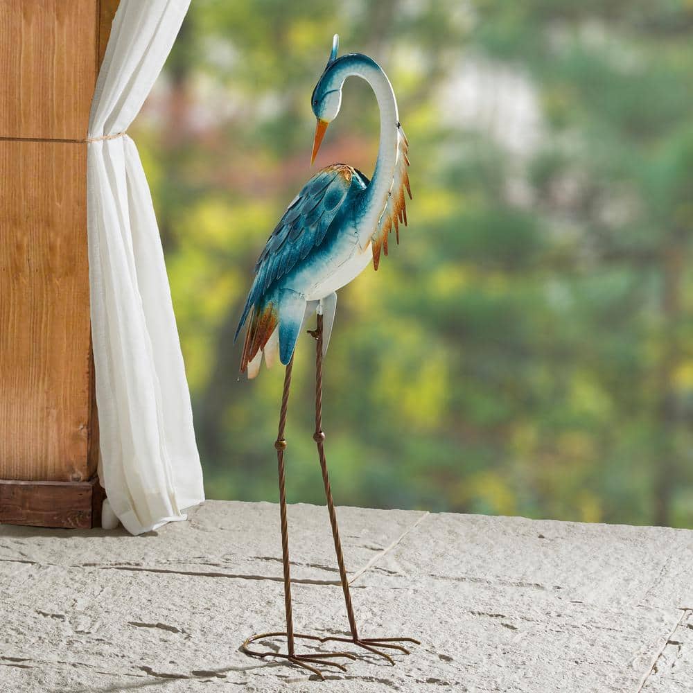 38.5" Blue and Brown Metal Crane Garden Statue