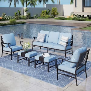 Black 5-Piece Meshed 7-Seat Metal Outdoor Patio Conversation Set with Blue Cushions and 2 Ottomans