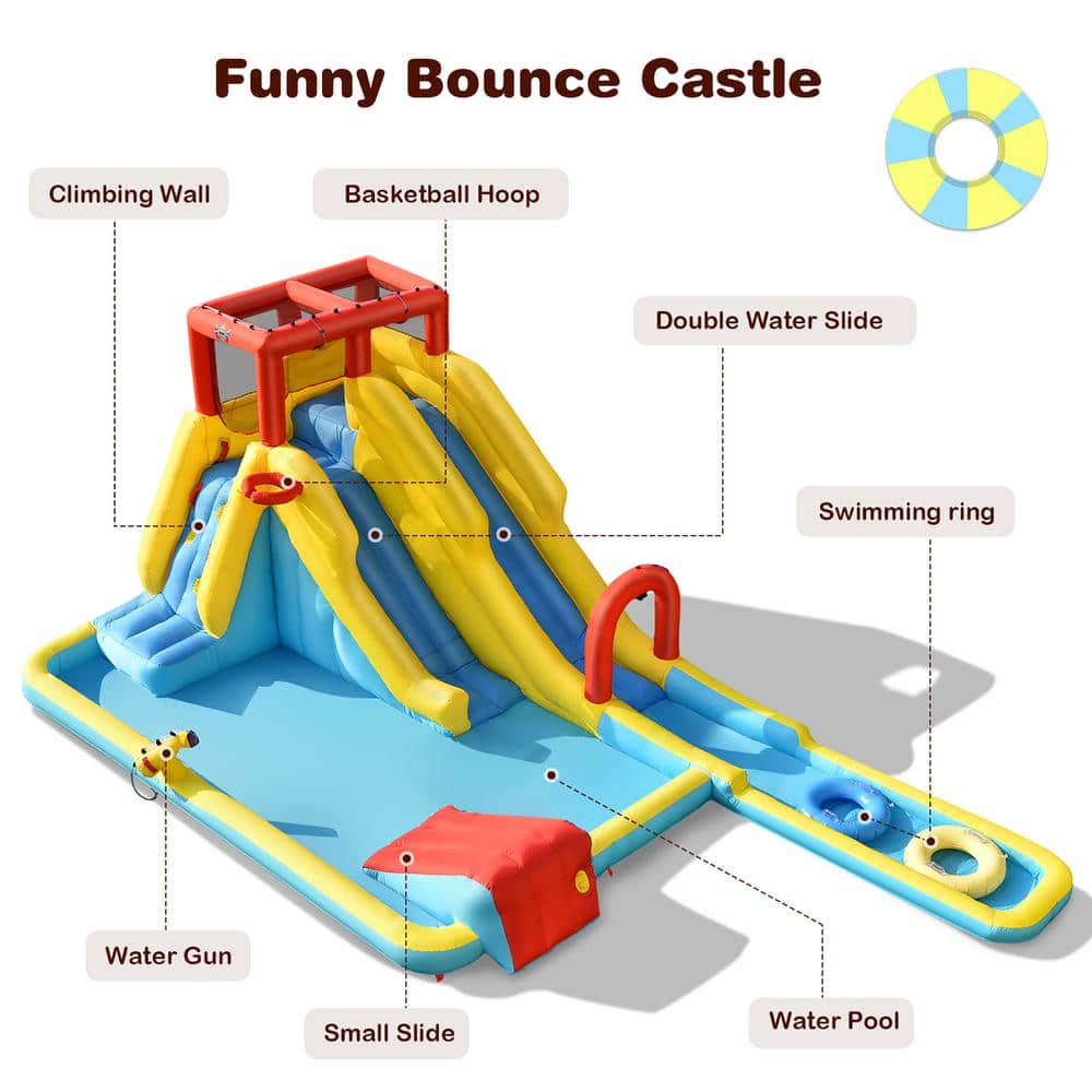 Multi-Color Inflatable Bounce House with Dual Slides and Water Park