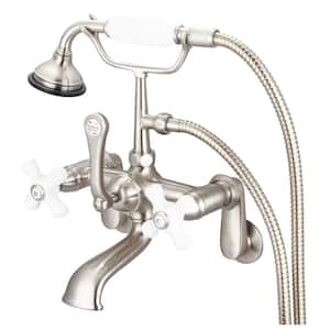 3-Handle Vintage Claw Foot Tub Faucet with Porcelain Cross Handles and Handshower in Brushed Nickel