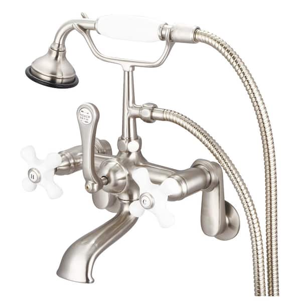Water Creation 3-Handle Vintage Claw Foot Tub Faucet with Porcelain Cross Handles and Handshower in Brushed Nickel