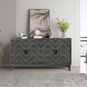 Antique Gray Wood 60 in. 4-Door Sideboard Buffet Cabinet Buffet Table with Storage and Adjustable Shelves Console Table