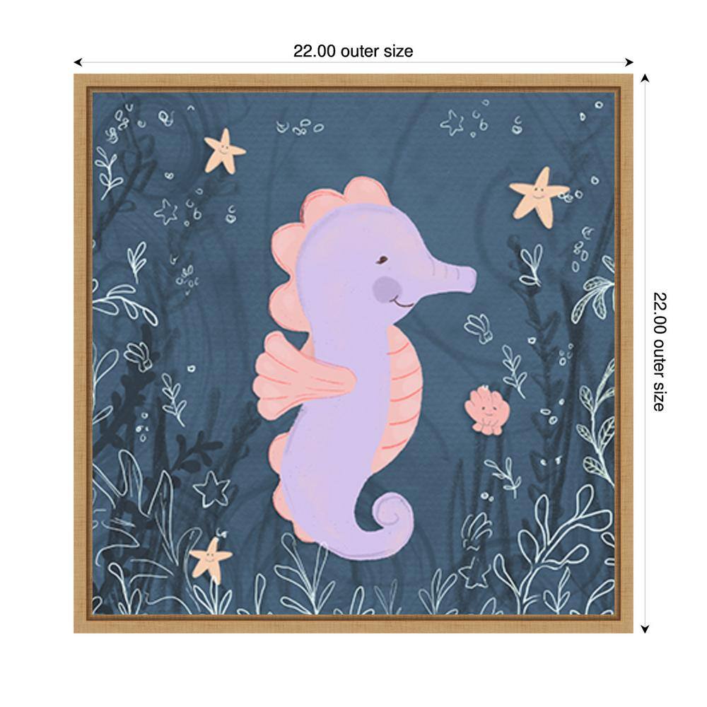 Seahorse and Turtle Blue I Pastel Canvas Wall Art with Maple Frame