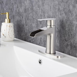 Waterfall Single-Handle Single Hole Low-Arc Bathroom Faucet with Deckplate and Drain Kit Included in Brushed Nickel