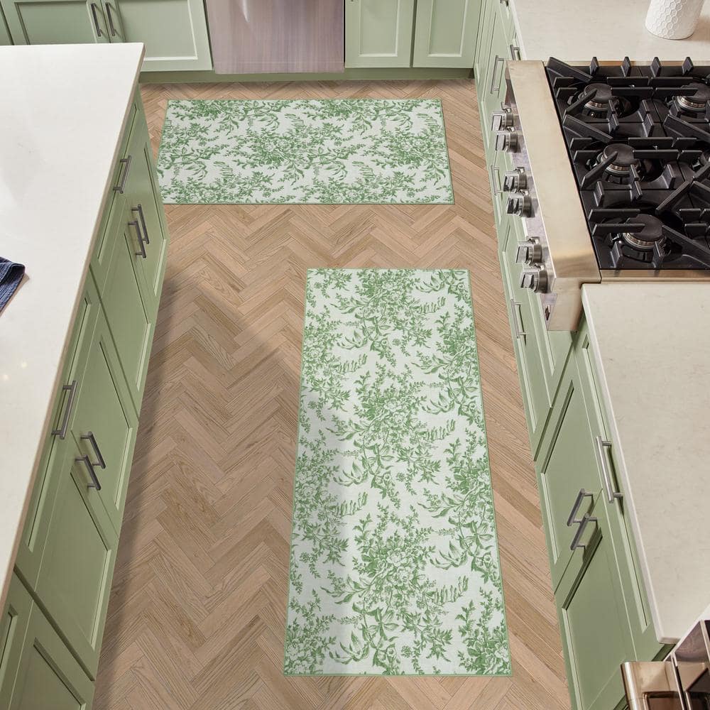 Sage Green and Ivory Floral Chenille Washable Runner Rug Set