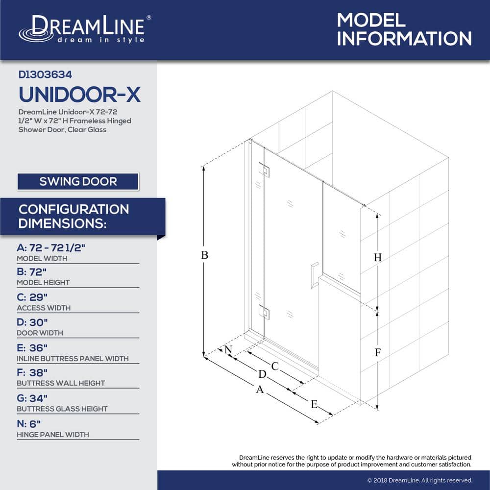 72-Inch Frameless Clear Glass Hinged Shower Door with Distressed Bronze Hardware