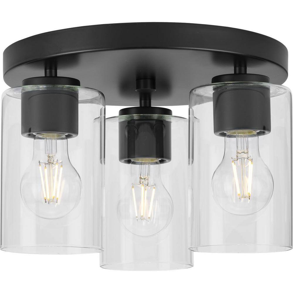 Matte Black 3-Light Flush Mount with Clear Glass Shades