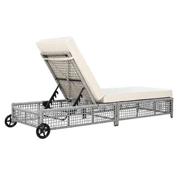 Unbranded Outdoor Chaise Lounge 5-Position Backrest Metal Lounge Chair Grey Rattan Outdoor Recliner with Beige Cushion and Wheels