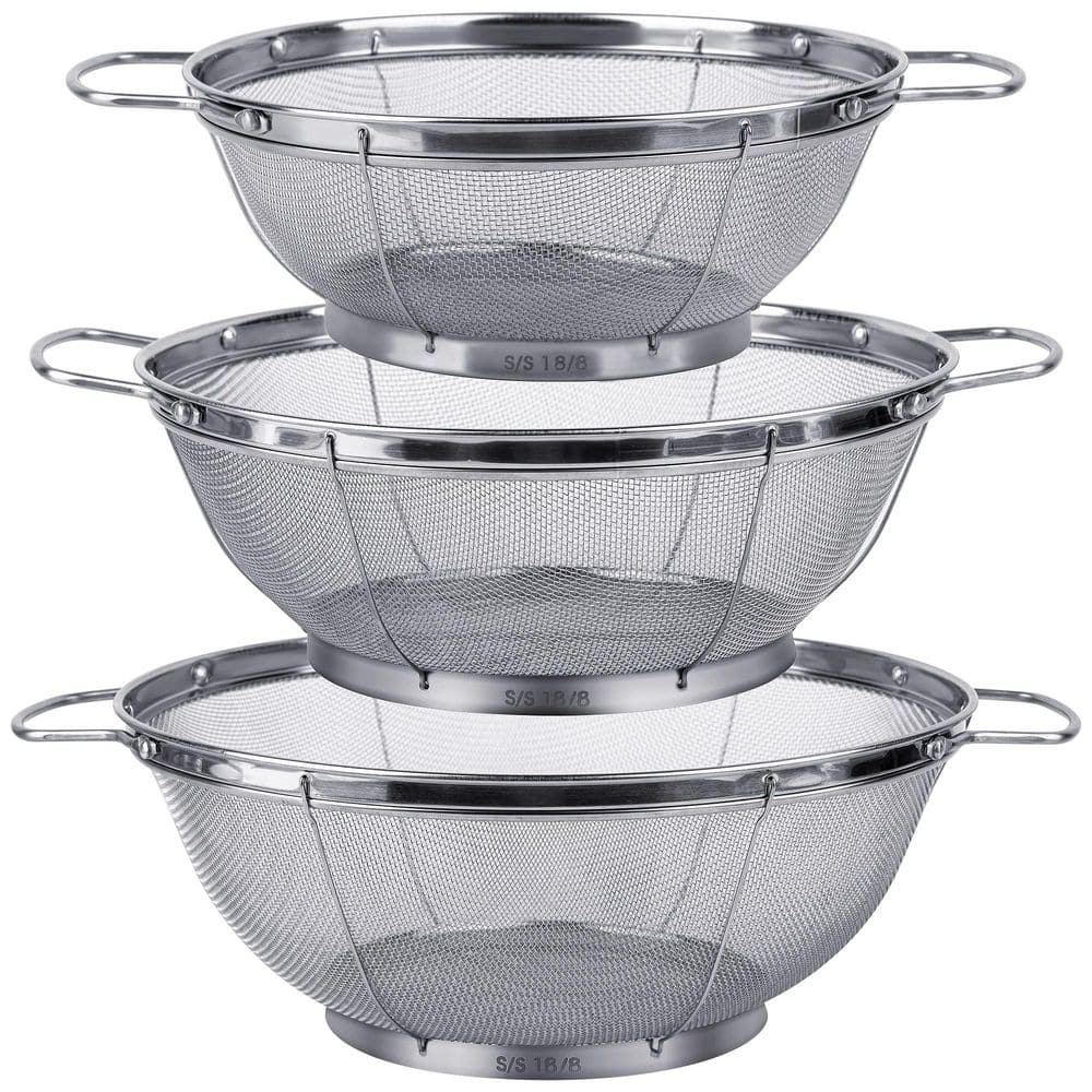Wudkey Silver 5 qt. 4 qt. 3 qt. Stainless Steel Colander Sieves, Mesh ...