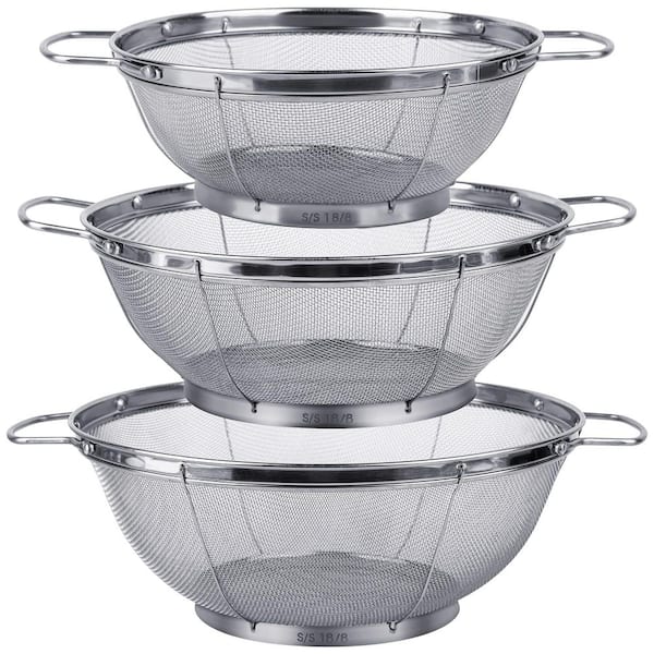 Silver 5 qt. 4 qt. 3 qt. Stainless Steel Colander Sieves, Mesh Strainer Net Baskets with Handles Resting Base (Set of 3)