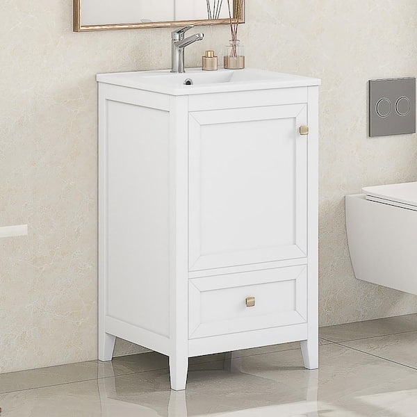 20 in. W Freestanding Bathroom Vanity with White Ceramic Top with Soft Closing Door, Storage Rack and a Drawer