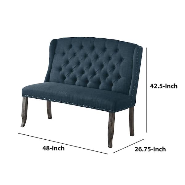 Benjara Blue Tufted High Back 2 Seater Love Seat Bench with