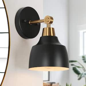 Modern Black Bell Wall Sconce Bath Vanity Light 1-Light Powder Room Wall Light with Brass Plated Arm White Inner Shade