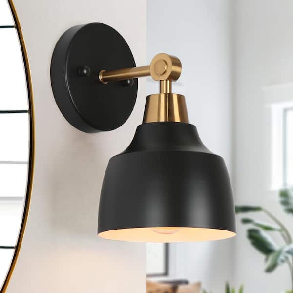 LNC Modern Black Bell Wall Sconce Bath Vanity Light 1-Light Powder Room Wall Light with Brass Plated Arm White Inner Shade