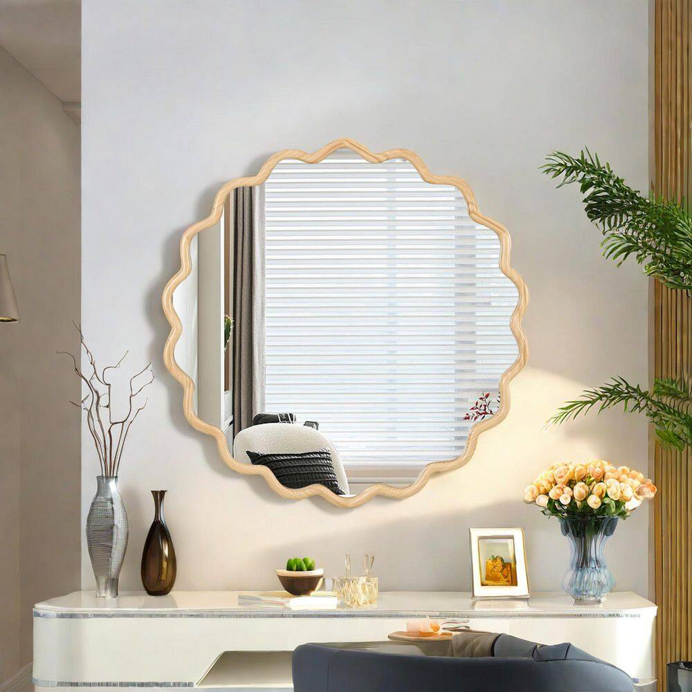 Natural Wood 42 in. W x 42 in. Round Solid Wood Accent Mirror Wavy Decorative Wall Mirror Bathroom Mirror Wall Decor