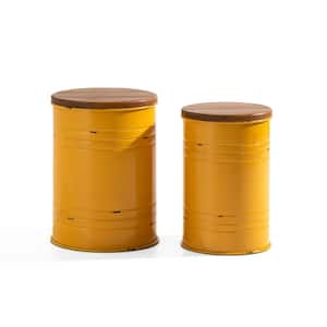 19.29 in. H Modern Yellow Metal Storage Stool or Accent Table with Solid Wood Lid (Set of 2)