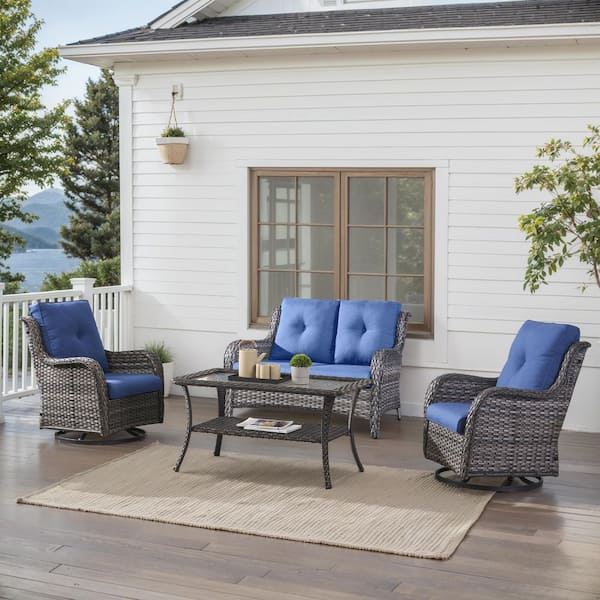 4-Piece Gray Wicker Patio Conversation Set with Olefin Blue Cushions and Swivel Glider Chairs/Loveseat