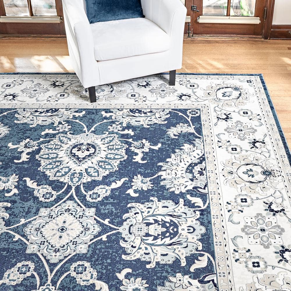 Moena Navy Blue Traditional Floral 6' x 9' Synthetic Area Rug