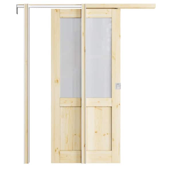 36 in. x 80 in. Half Lite Glass Unfinished Pine Wood Sliding Pocket Door with Hardware (Soft Close and Silver Lock Incl)