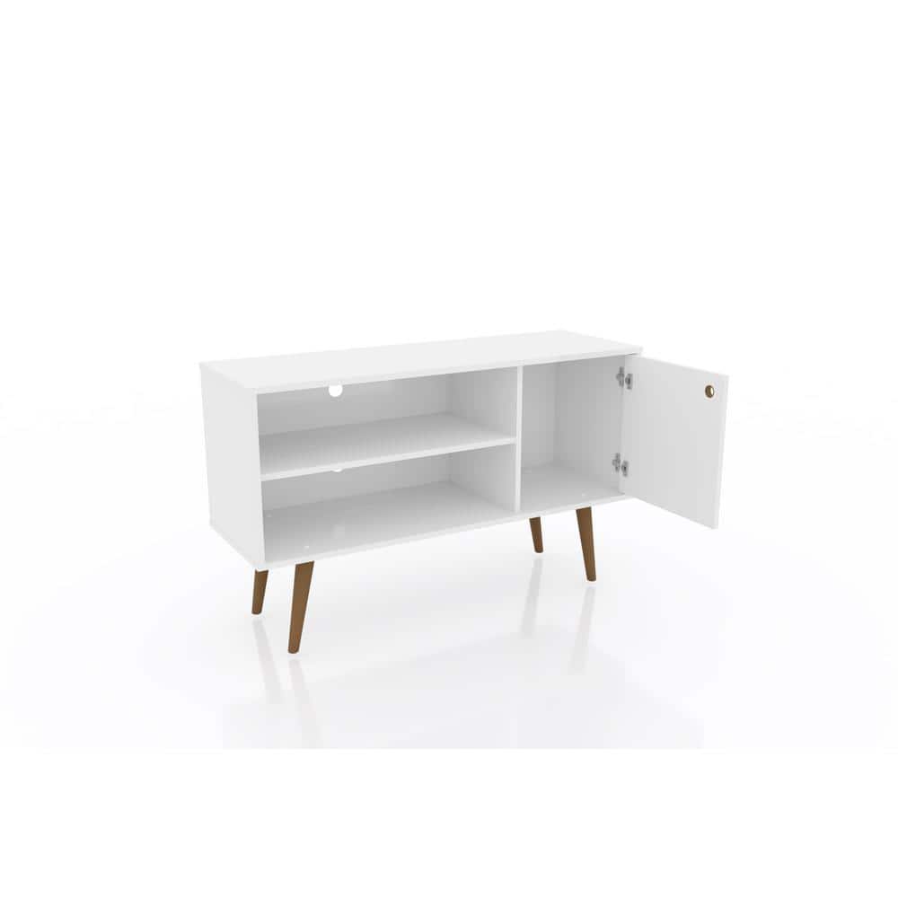 Sleek White Mid-Century Modern TV Stand with Cabinet and Shelves
