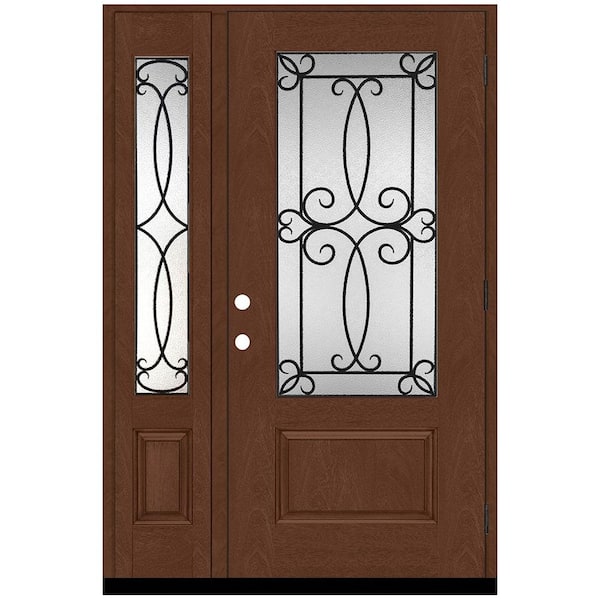 Steves & Sons Regency 53 in. x 80 in. 3/4-Lite Georgian Decorative Glass LHOS Chestnut Mahogany Fiberglass Prehung Front Door 14 in.SL