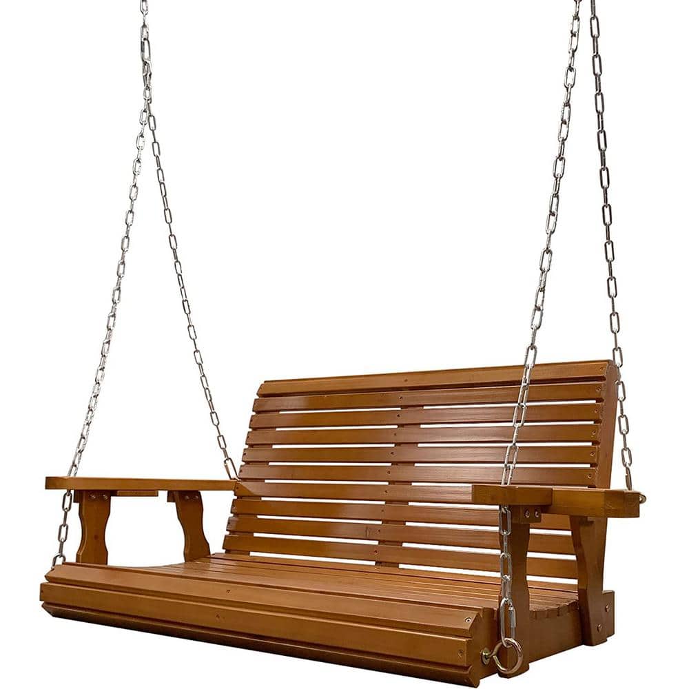 Innovaze 4 ft. Outdoor Wood Porch Swing with Cup Holders, Adjustable Hanging Chains and Spring