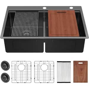 All in-One 33 in. Drop-in 50/50 Double Bowl 16 Gauge Gunmetal Black Stainless Steel Kitchen Sink with accessories