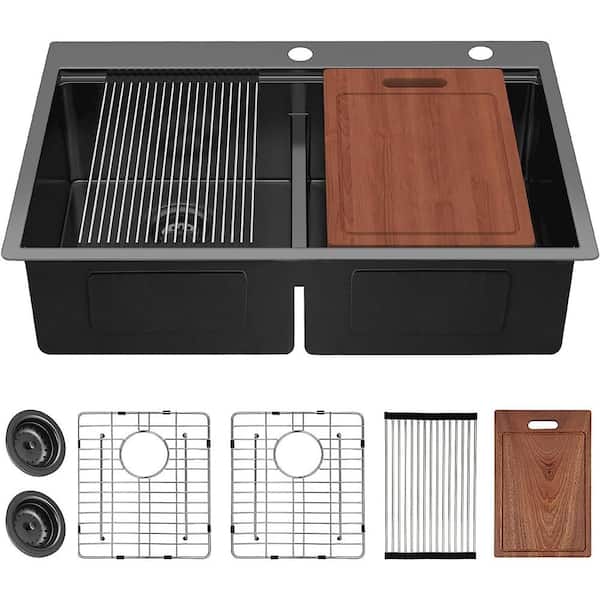 EAKYHOM All in-One 33 in. Drop-in 50/50 Double Bowl 16 Gauge Gunmetal Black Stainless Steel Kitchen Sink with accessories