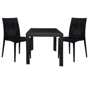 Mace Modern 3-Pcs Patio Dining Set with Stackable Plastic Dining Chairs and Square Dining Table (Black)