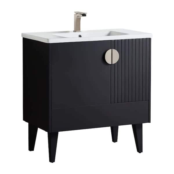 FINE FIXTURES Venezian 30 in. W x 18.11 in. D x 33 in. H Bathroom Vanity Side Cabinet in Black Matte with White Ceramic Top