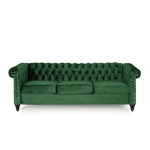 Kabella 3-Seat 83 in. Wide Square Arm Polyester Straight Green and Dark Brown Tufted Velvet Sofa