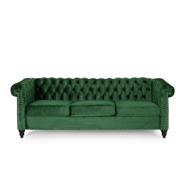 Noble House Kabella 3-Seat 83 in. Wide Square Arm Polyester Straight Green and Dark Brown Tufted Velvet Sofa