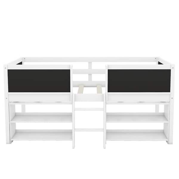 Twin Size Low Loft Bed with Two Movable Shelves and Ladder, with Decorative Guardrail Chalkboard, White