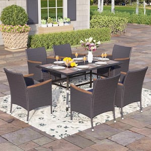 Black 7-Piece Metal Patio Outdoor Dining Set with Geometric Rectangle Table and Rattan Chairs with Blue Cushion