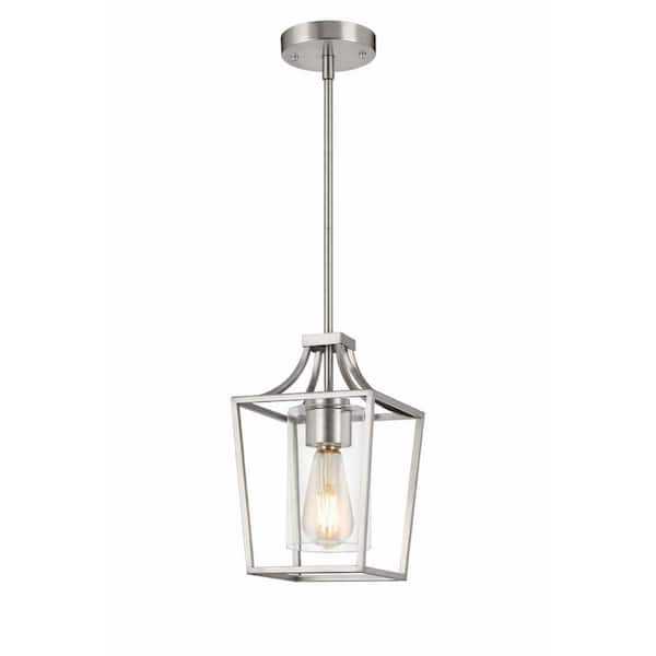 60-Watt 1-Light Brushed Nickel Lantern Pendant Light with Clear Glass Shade and Bulb Not Included for Kitchen Island